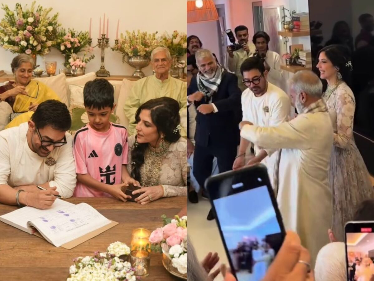 Aamir Khan and Gauri Spratt sign marriage papers surrounded by family