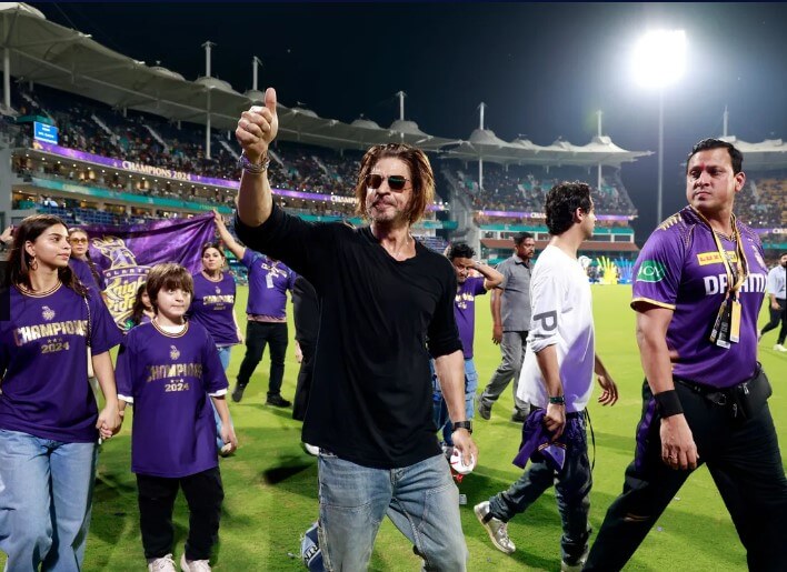 Shah Rukh Khan celebrates after his team KKR wins IPL 2024