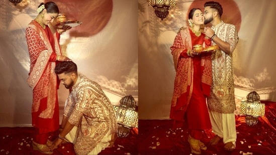 Hina Khan celebrates first Karwa Chauth, husband Rocky Jaiswal touches her feet 