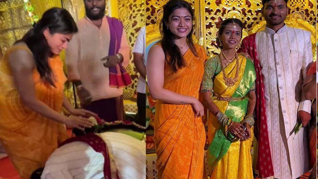 rashmikamandannaspotsatherassistantsweddinginhyderabadcoupletouchesherfeet