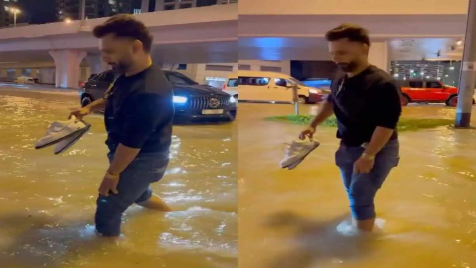 Rahul Vaidya walks through knee-deep water amid Dubai rains