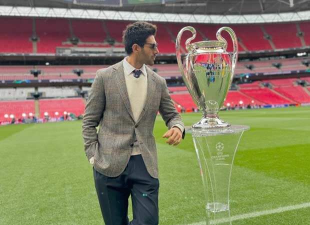 Kartik Aaryan posed with 2024 UEFA Champions League trophy