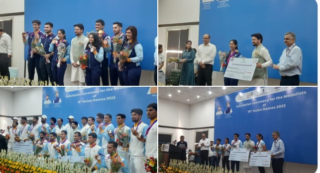 unionsportsministeranuragsinghthakurfelicitates24medalistsofasiangamesfromshootingsailingtennisandwushuinnewdelhi