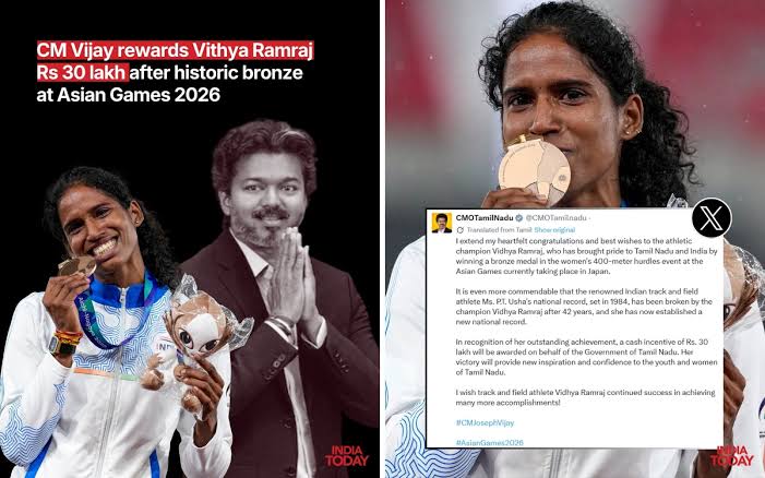 CM Vijay rewards Vithya Ramraj Rs 30 lakh after historic bronze at Asian Games 2026
