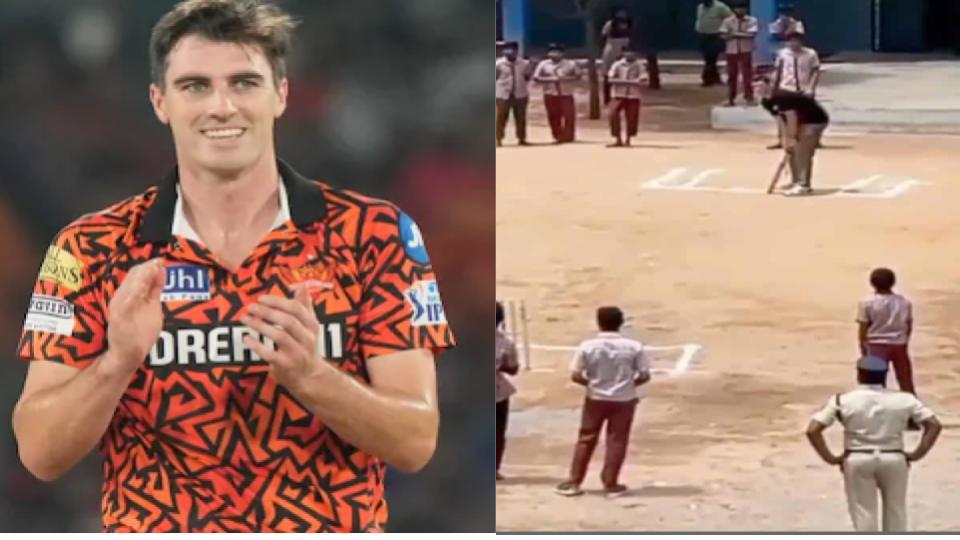 Pat Cummins plays cricket with school kids in Hyderabad