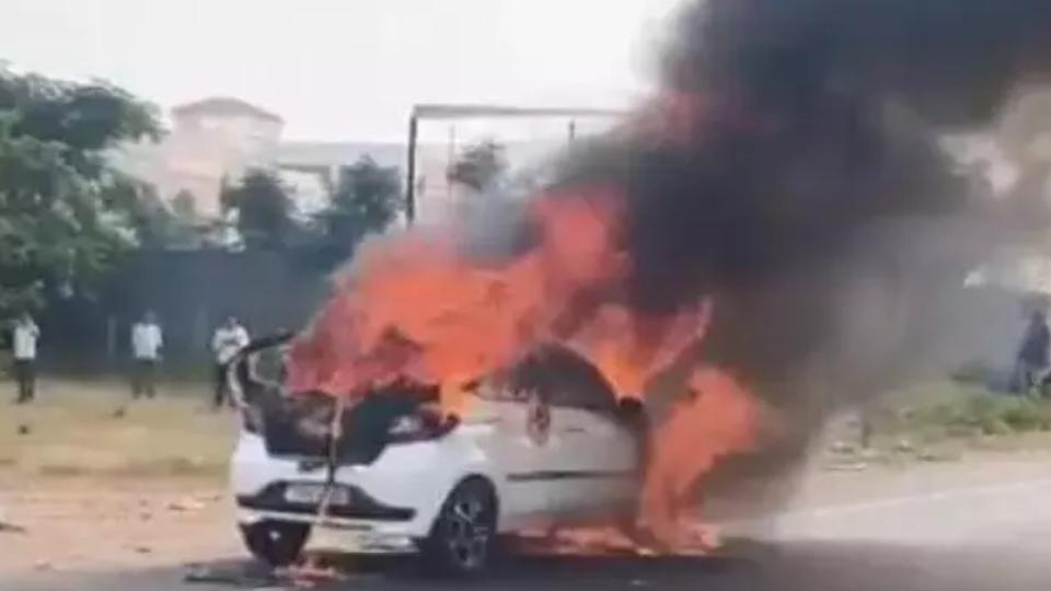 Car Catches Fire Near Shamshabad Airport Road