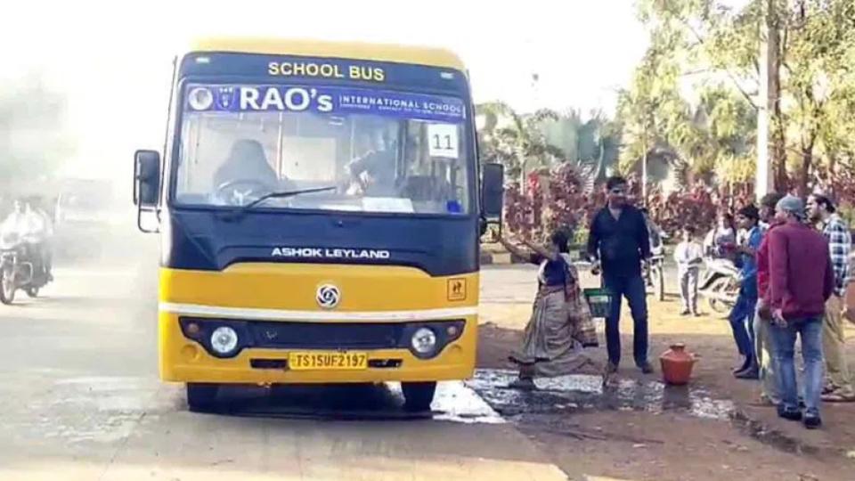 Video of Driver saves children as school bus catches fire in Zaheerabad