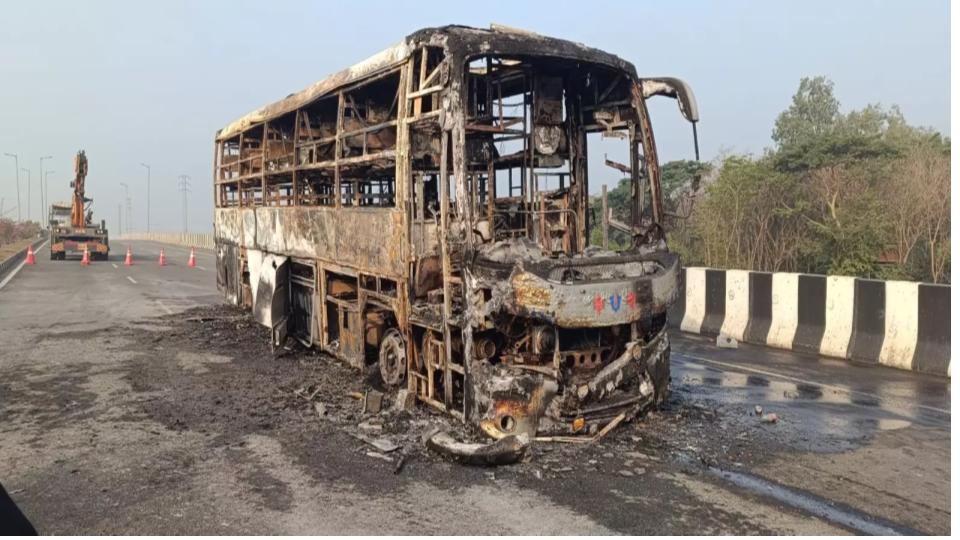 Private Travels Bus Completely Gutted in Fire on Kovvur Flyover