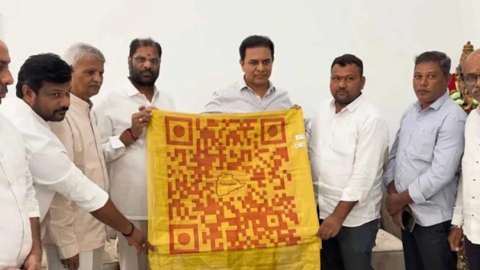 KTR unveils unique handloom shawl featuring QR code on Telangana history