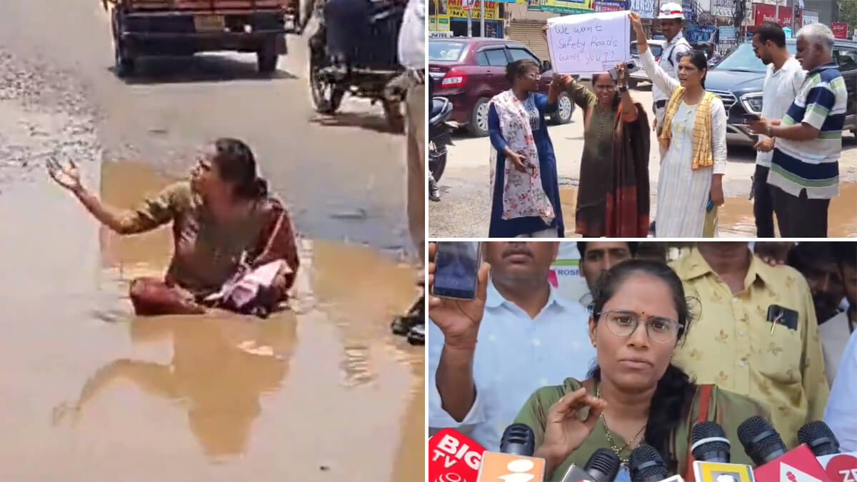 Woman protests bad roads in Hyderabad by sitting in water-filled pothole at Nagole