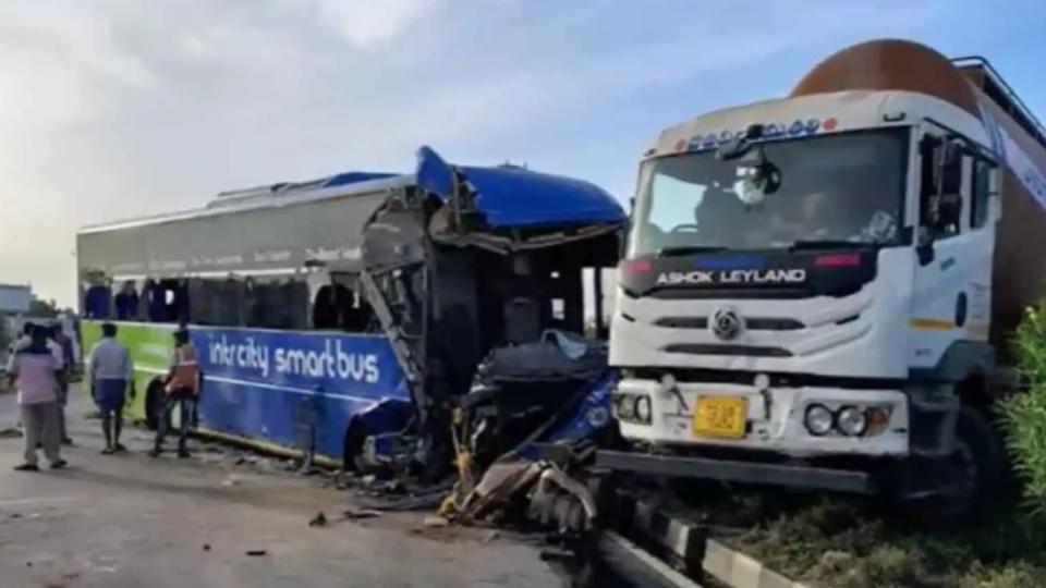 Hyderabad bound private bus collides with truck, two injured