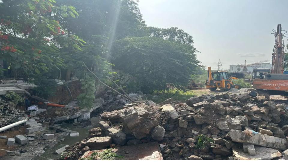 HYDRAA Demolishes Illegal Constructions on Nala in Habibnagar