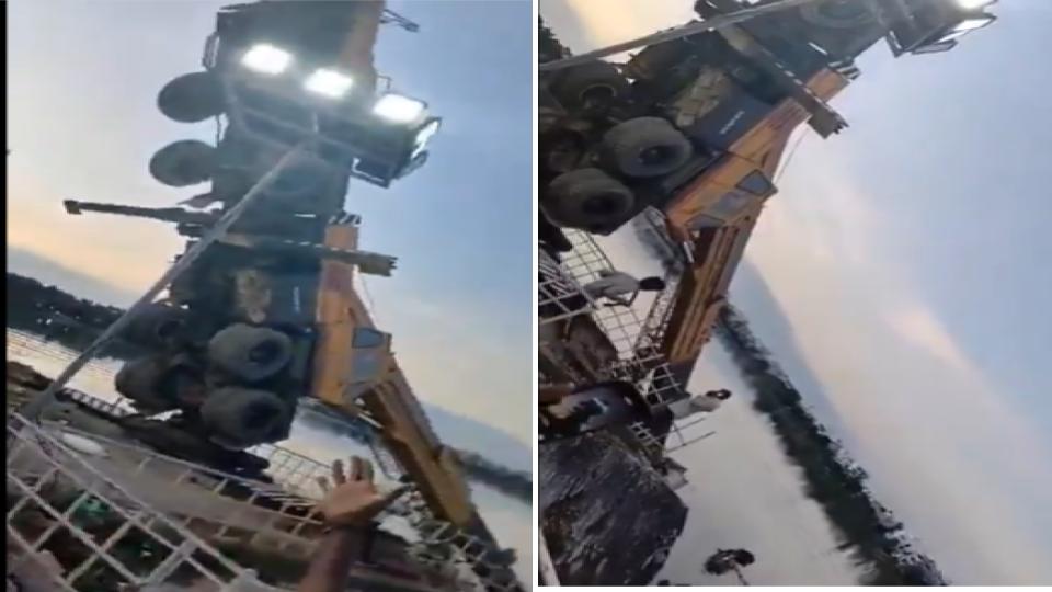 Video of Crane overturns during Durga idol immersion in Hyderabad