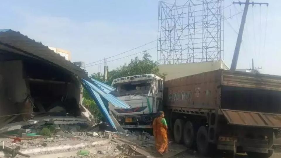 Lorry Crashes Into Two Sheds in Karimnagar