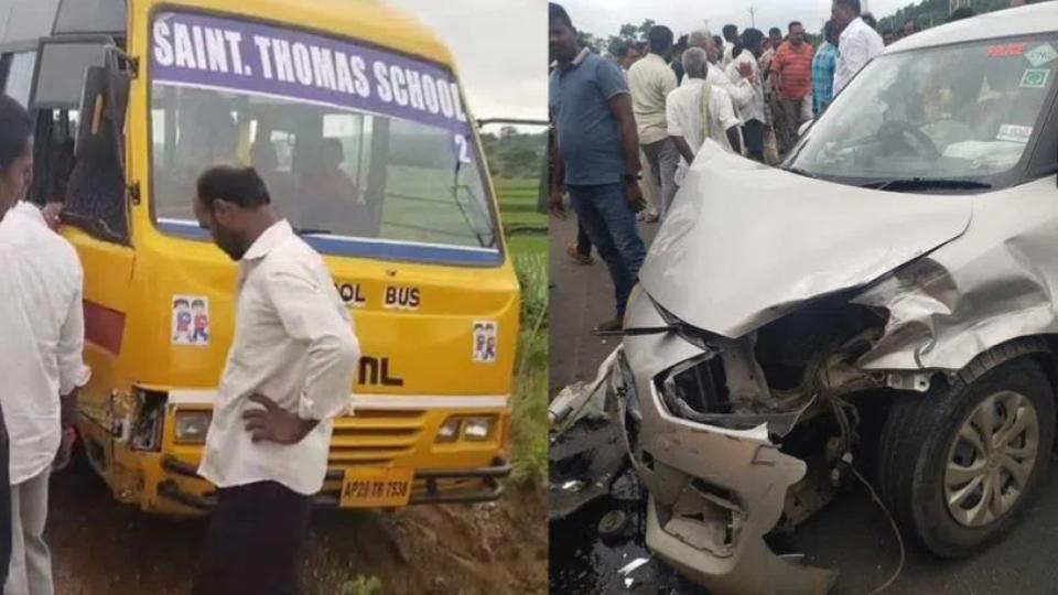 Police officer Car hits bike and school bus in Medak