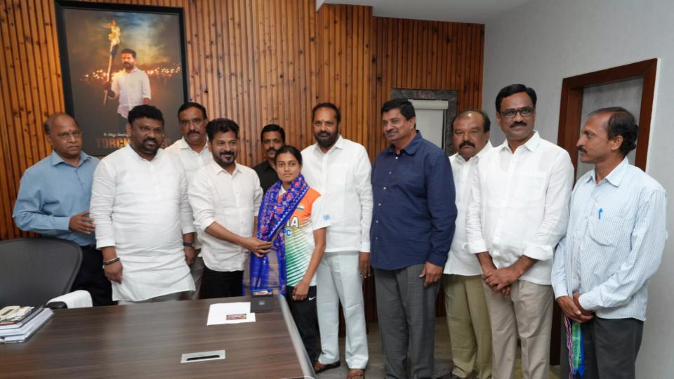CM Revanth Reddy Felicitates Archery Champion Chikitha