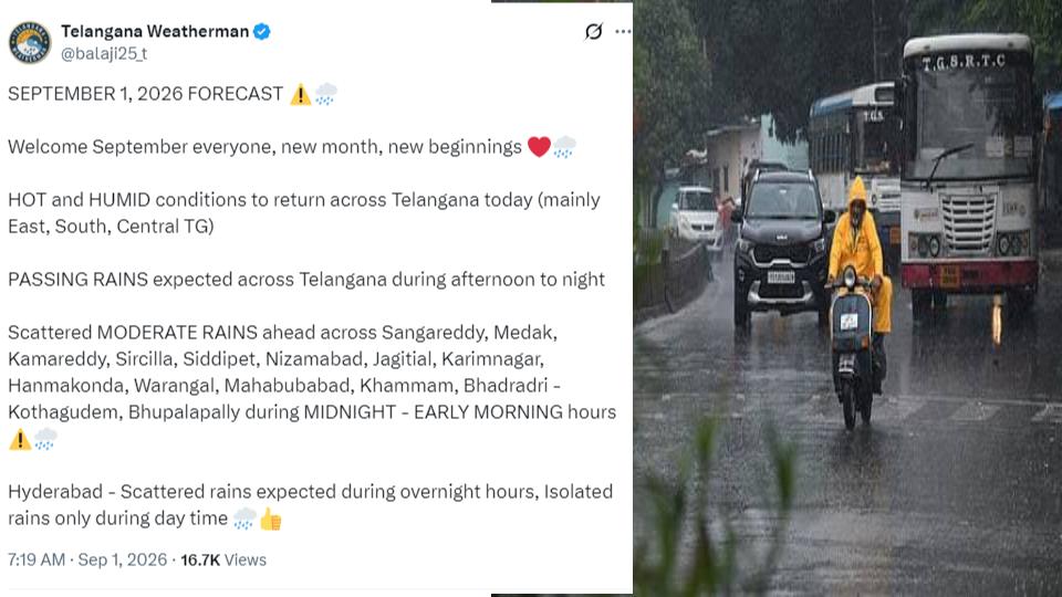 IMD Forecast Monsoon Rain Likely in Hyderabad Today