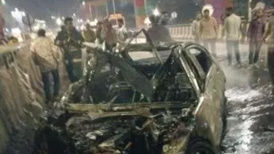 Car Catches Fire after Crashing into Van at LB Nagar Crossroads