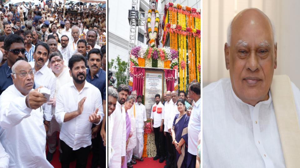 Kharge unveils statue of Rosaiah at Lakdikapul X road