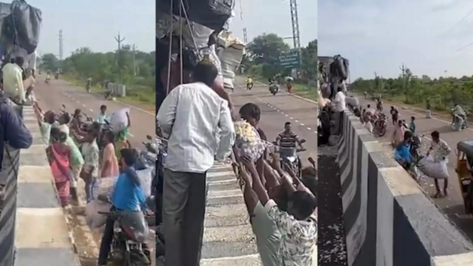 Locals Take Away Garlic Bags After Lorry Accident in Sangareddy