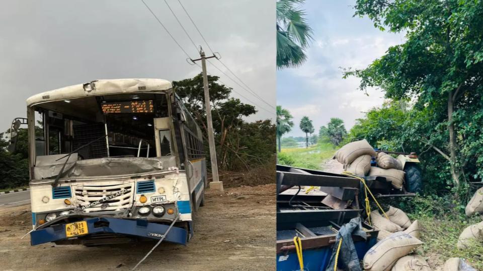 15 injured as TGRTC bus rams tractor loaded with paddy bags near Karimnagar