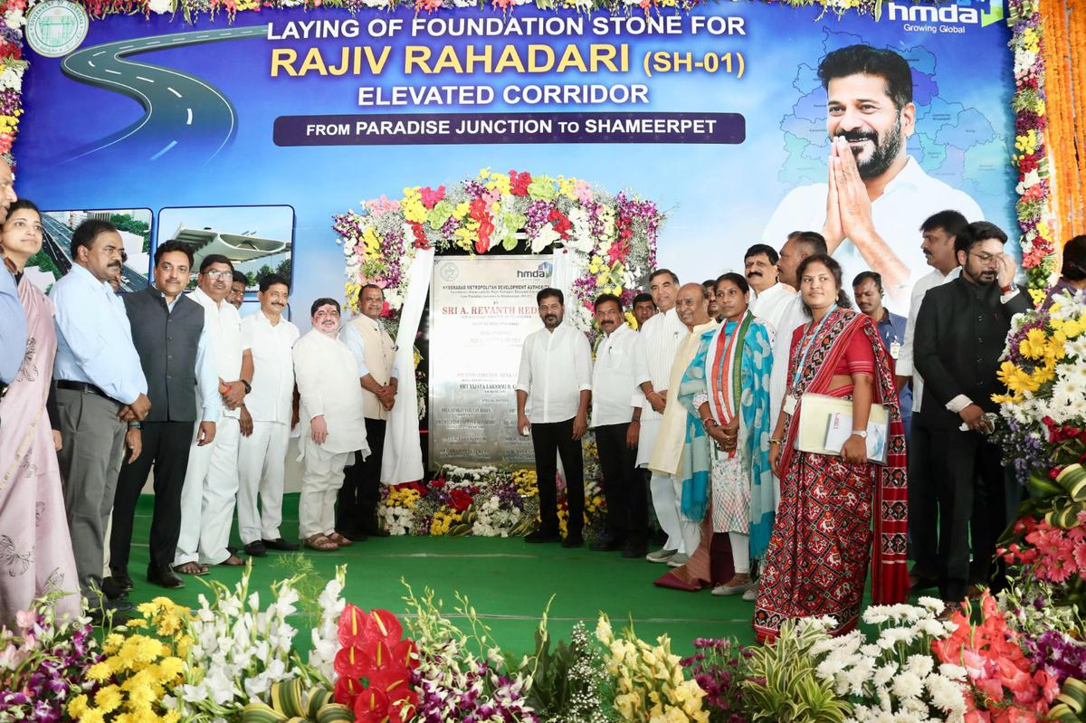 revanthreddylaysfoundationstoneforrajivrahadarielevatedcorridor