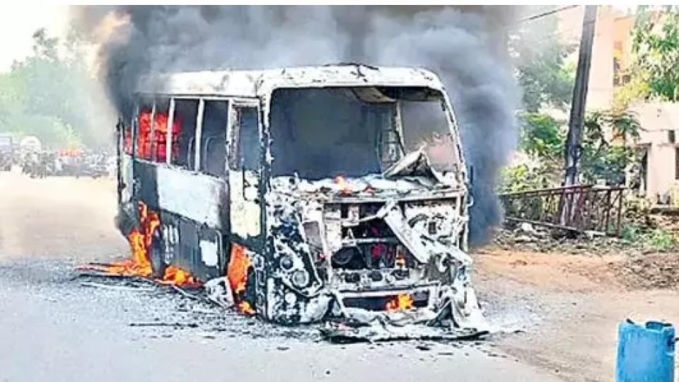 Mini Bus Catches Fire in Medak