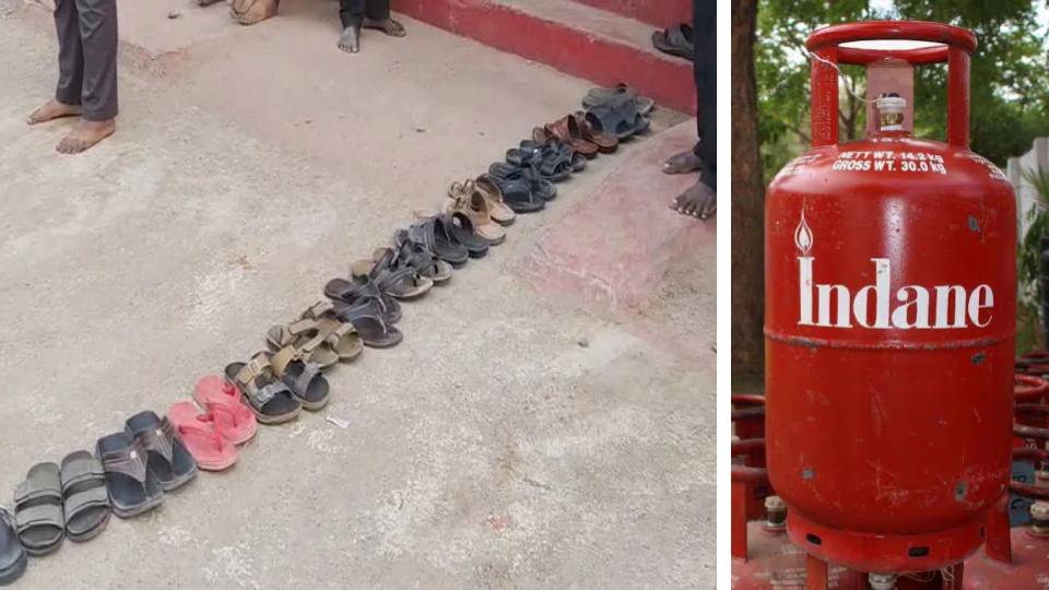 Panicked consumers place footwear to book LPG cylinders in Nirmal