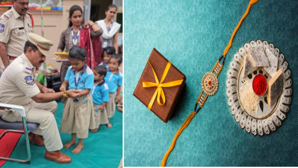 School children tie Rakhis to Mancherial police officers
