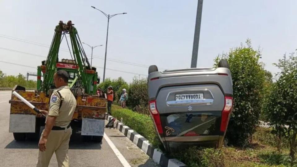Two injured as car overturns after hitting divider in Vanasthalipuram