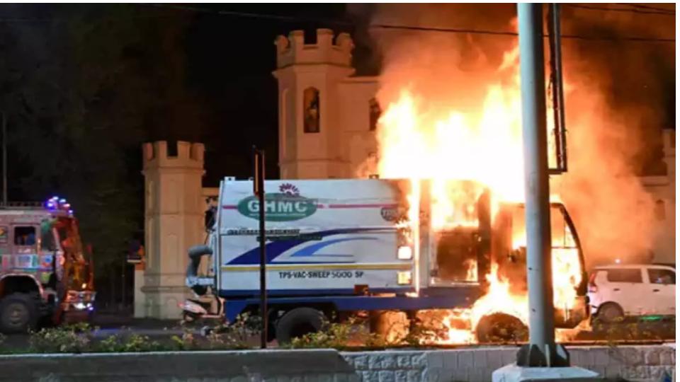 GHMC road sweeping vehicle catches fire near Assembly