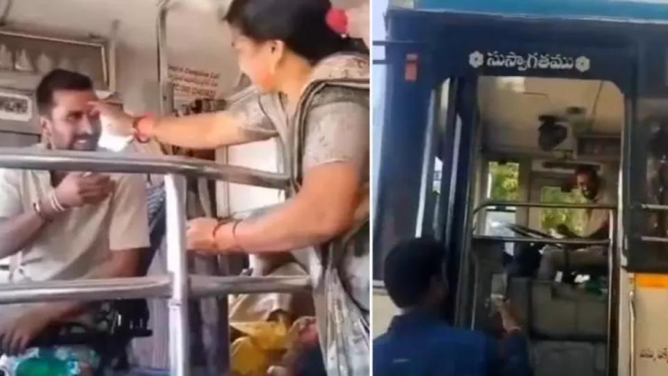 Sister Ties Rakhi to RTC Driver Brother on Duty in Karimnagar