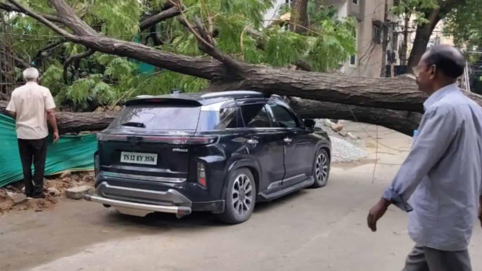 Mishap averted after big tree falls on SUV in Kukatpally