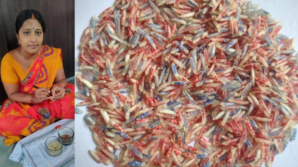 Devotee writes Rama on 4,100 rice grains in Sangareddy