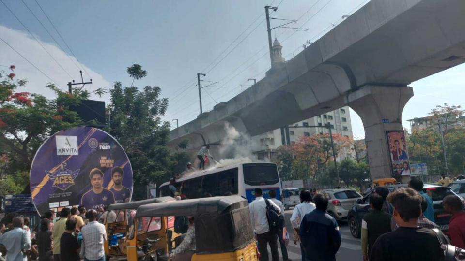 Bus caught fire near Haj House in Nampally