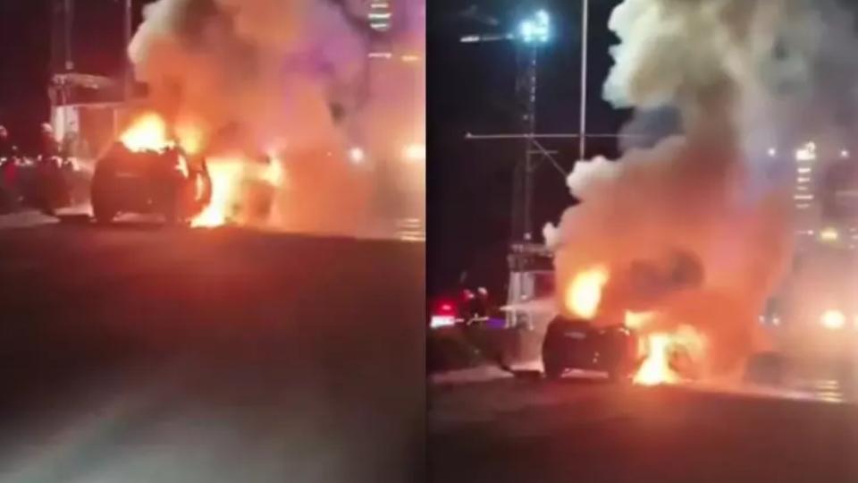 Car Catches Fire After Hitting Divider in Gachibowli