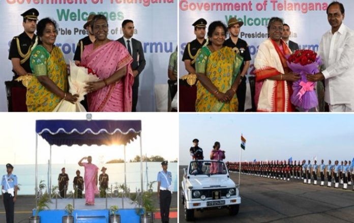 presidentdroupadimurmuaccordedgrandceremonialreceptiononherarrivalinhyderabad