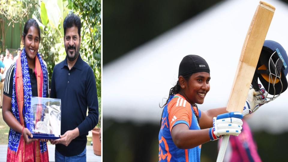 cmrevanthreddyhonourstrishawithrs1croredhruthiandcoachnooshinalsorewarded