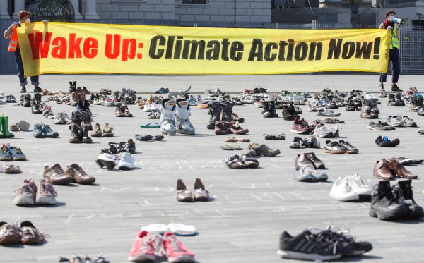 switzerland:climatechangeactivistscantprotestinpersonsotheirshoesplacedinrows