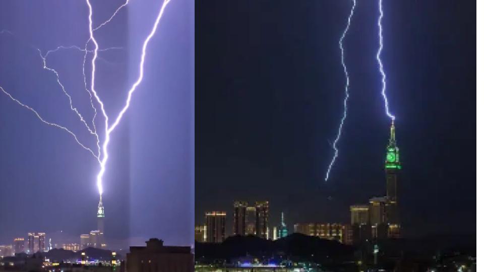 Lightning hits Makkah Clock Tower as pilgrims pray in rain