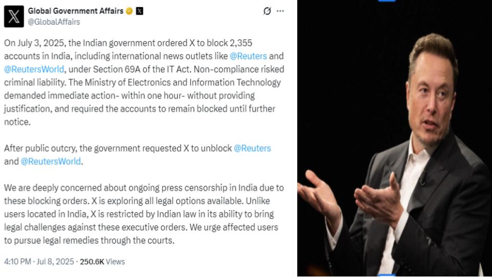 Musk’s X Says India Ordered Blocking Of 2,355 Accounts, Including Reuters