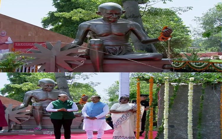 presidentdroupadimurmuunveilsmahatmagandhi’sstatueatgandhidarshannearrajghatinnewdelhi