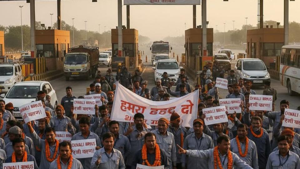 tollworkersprotestfordiwalibonusatagralucknowexpressway