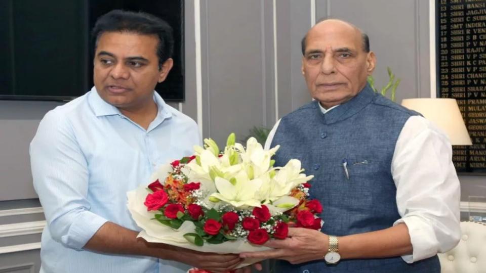 ktrmeetsrajnathsinghandseekstransferofdefencelandsinhyderabad