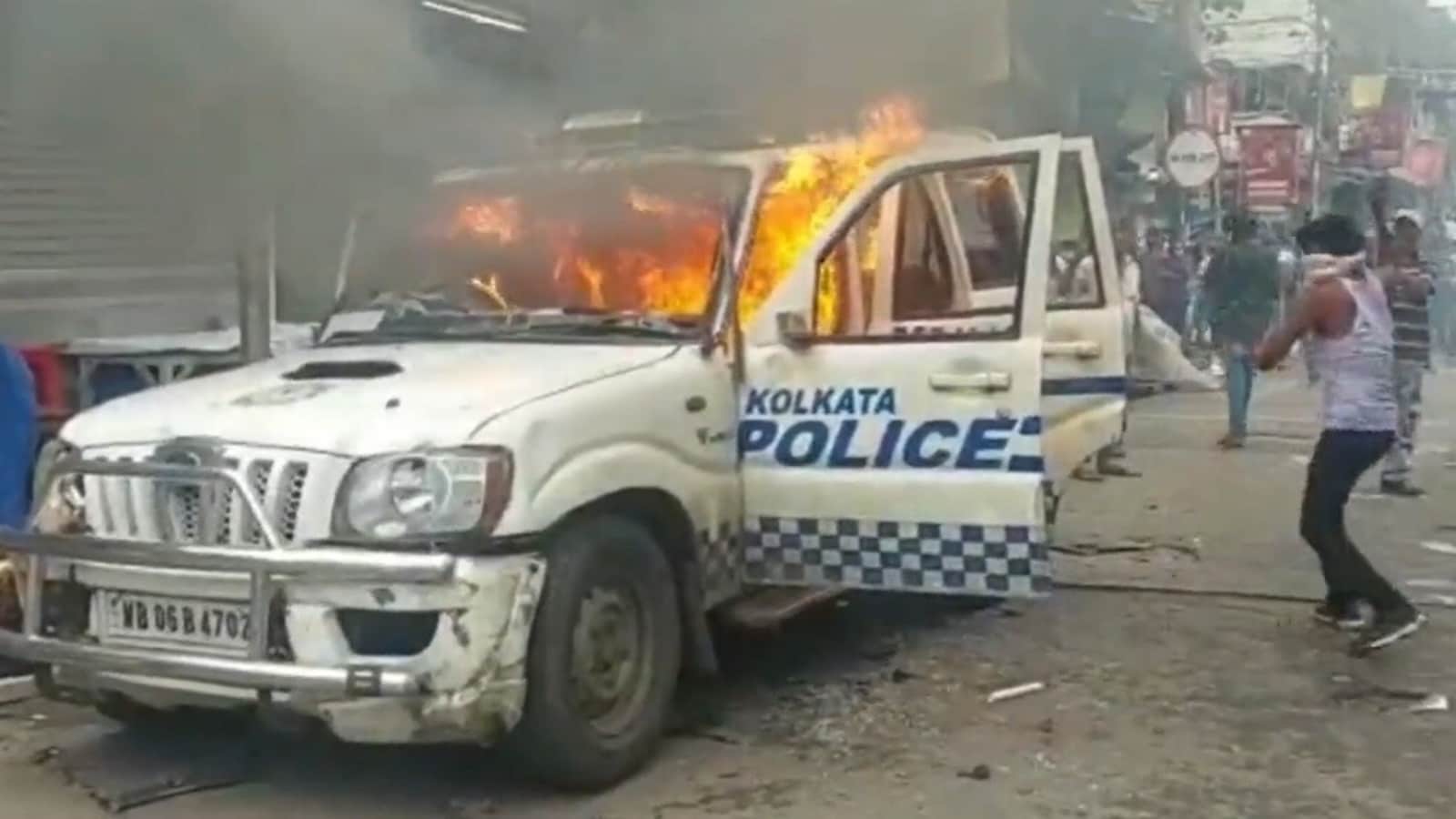 bjpsprotestmarchturnsviolentpolicecartorchedinkolkatasuvenduadhikaridetained