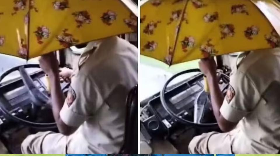 maharashtrabusdriverholdsumbrellawhiledrivingasrooftopleaks