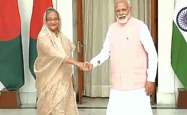 pmmodiandhisbangladeshicounterpartsheikhhasinatojointlyflagoffconstructionofindobanglapipelineproject