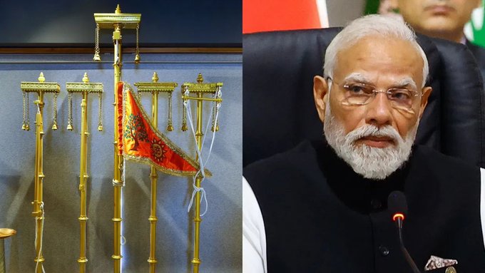 pmmoditohoistsaffronflagonshikharoframmandirinayodhya