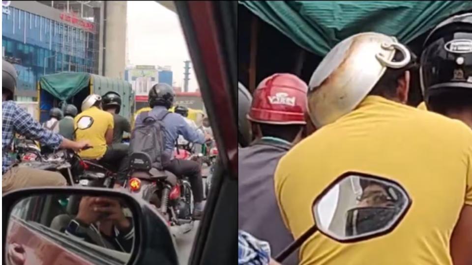 Man Wears Kadai to avoid traffic challan in Bengaluru