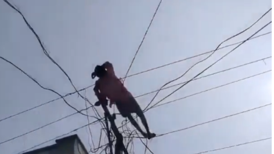 videoofdrunkmanclimbselectricpoleandliesdownonwiresinap